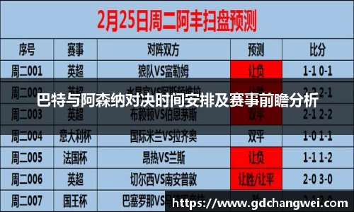 巴特与阿森纳对决时间安排及赛事前瞻分析